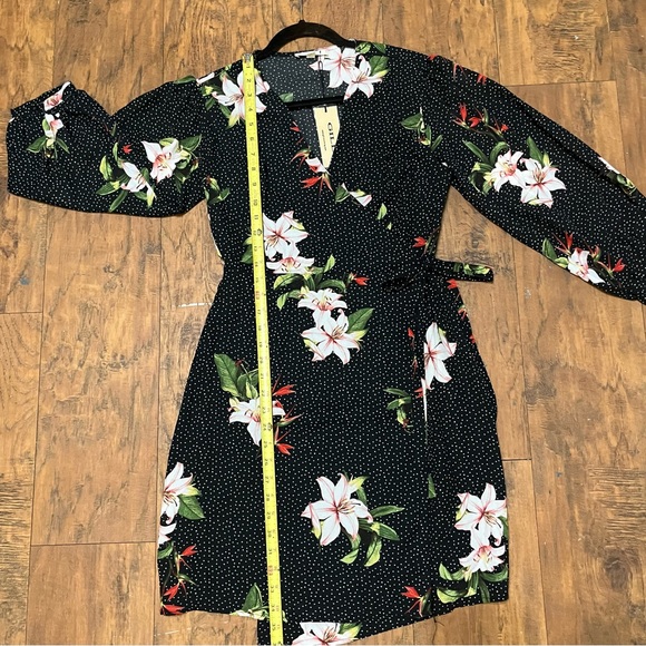 Gilli Wmns Wrap Dress Black polka dot Floral Midi  puff Long Sleeve V Neck Small - Picture 5 of 16